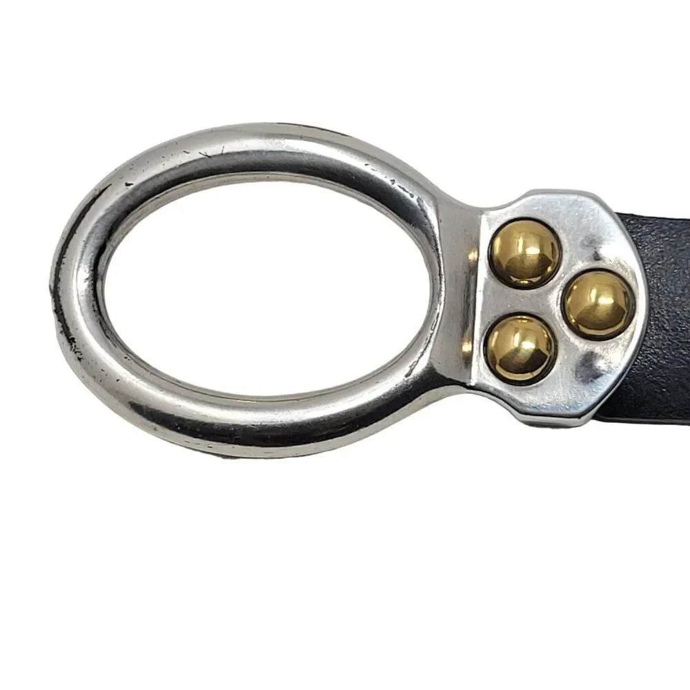 Chico’s Black Leather Off The Hip Adjustable Belt M Silver Gold Hook Buckle Punk